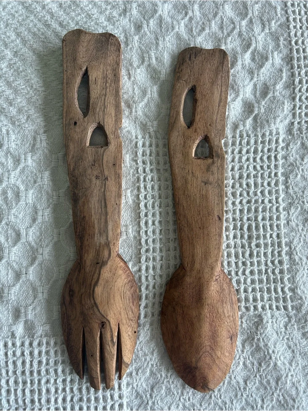 Vintage Hand Carved Bird Wooden Salad Server Set
